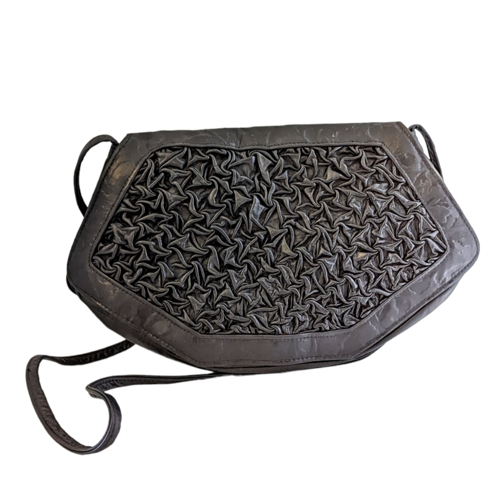 Vintage 80s Scrunched Black Leather Shoulder Crossbody Purse Bag